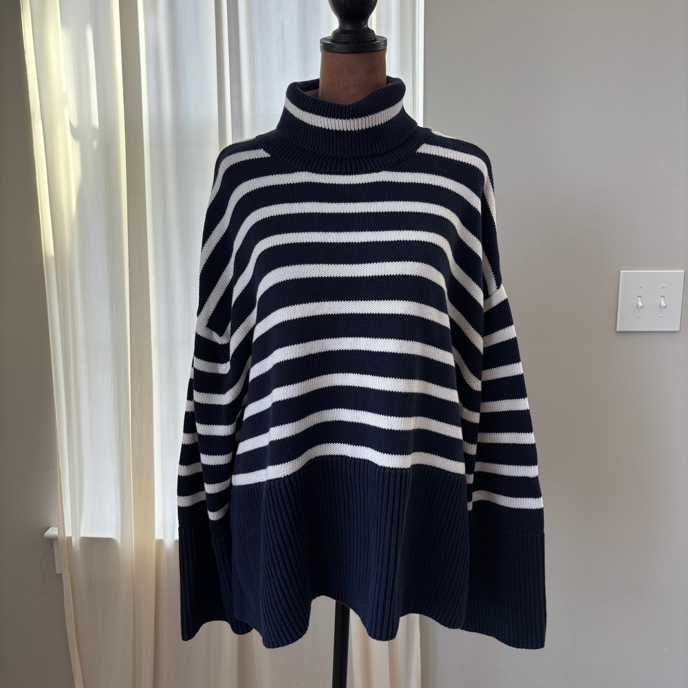 Gap 24/7 Stripe Turtleneck Sweater XL 100% Cotton Navy Nautical Coastal Sailing